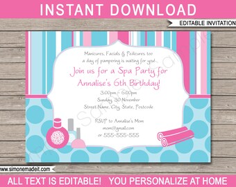 Spa Invitation Template - Printable Birthday Party Invite - INSTANT DOWNLOAD - EDITABLE text - you personalize