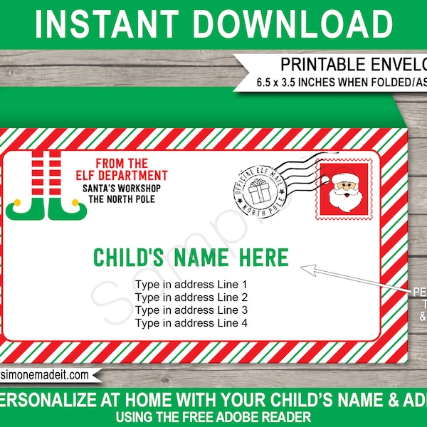 Elf Envelope Printable Template - Official Santa Mail - Elf Department - Christmas North Pole - INSTANT DOWNLOAD - EDITABLE Name & Address