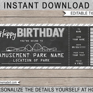 Amusement Park Ticket Birthday Gift Printable Template - Theme Park - Surprise Ticket Coupon - EDITABLE TEXT DOWNLOAD - you personalize