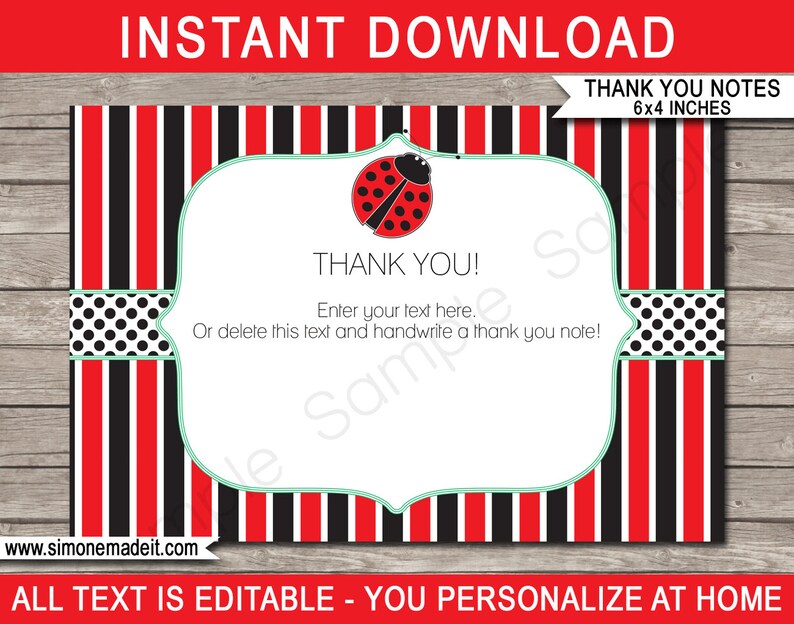 Editable & Printable Ladybug Birthday Party Thank You Note template
