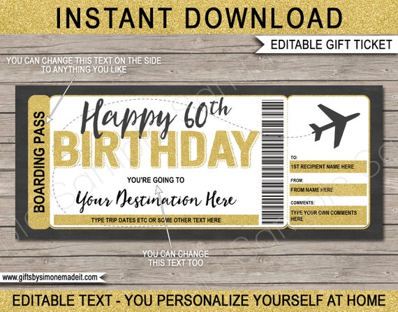 60th Birthday Boarding Pass Template - Surprise Trip Gift - Fake Plane Ticket - Airplane Flight Destination - INSTANT DOWNLOAD text EDITABLE Il_570xn