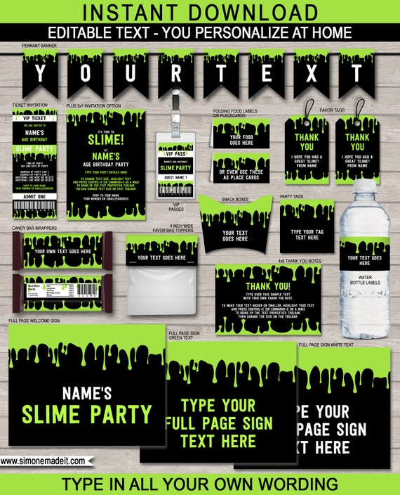 Slime Theme Decorations & Invitation Template Bundle - Printable Birthday Party - INSTANT DOWNLOAD - EDITABLE text Il_570xn
