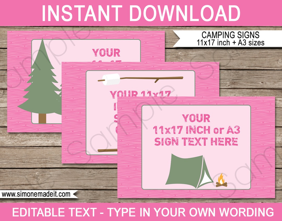 Pink Camping Party Signs - Printable Campout Theme Birthday Party ...
