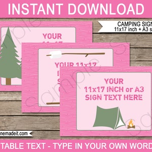 Rosa Camping Party Schilder - Druckbare Campout Thema Geburtstagspartydekorationen - EDITIERBARER TEXT-DOWNLOAD - 11x17 Zoll und A3-Größen