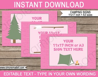 Pink Camping Party Signs - Printable Campout Theme Birthday Party Decorations - EDITABLE TEXT DOWNLOAD - 11x17 inches and A3 sizes