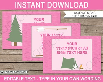 Roze kampeerfeestborden: bewerkbare kampeerdecoraties (digitale download)