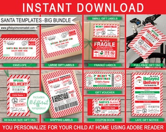 Santa Labels Gift Template Bundle - Printable Christmas Stickers Gift Tags for kids - North Pole - INSTANT DOWNLOAD - EDITABLE text