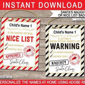 Naughty Warning and Nice List Badges Printable Template - Approved by Santa Claus North Pole - Elf Report Received - EDITABLE Names