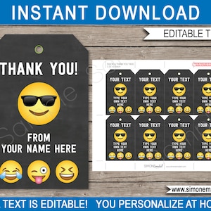 Emoji Thank You Tags template - Printable Boys Emoji Theme Birthday Party Favor Tags - Emoticon - INSTANT DOWNLOAD with EDITABLE text
