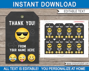 Emoji Thank You Tags template - Printable Boys Emoji Theme Birthday Party Favor Tags - Emoticon - INSTANT DOWNLOAD with EDITABLE text