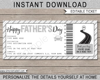 Road Trip Reveal Fathers Day Printable Template - Surprise Gift Ticket Card Coupon - Car Holiday, Vacation for Dad - EDITABLE TEXT DOWNLOAD