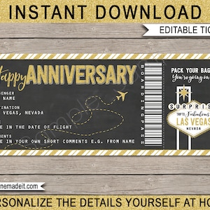 Tarjeta de embarque del aniversario de Las Vegas Regalo de cupón de boleto de avión falso imprimible - Viaje sorpresa Vuelo de vacaciones - DESCARGA DE TEXTO EDITABLE