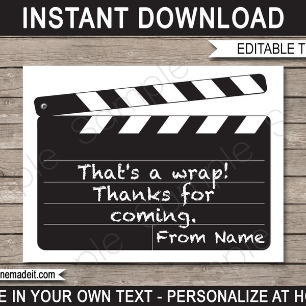 Movie Favor Tags Template: Editable Clapboard Thank You (Digital Download)