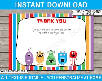 Monster Thank You Cards Template - Printable Birthday Party Note Tags - Little Monster Theme - 4x6 inch - INSTANT DOWNLOAD - EDITABLE text