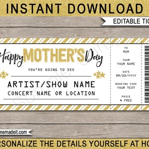 Moederdag concertticket cadeau - afdrukbare sjabloon - verrassingsconcert, show, band - cadeaubon - INSTANT DOWNLOAD met BEWERKBARE tekst