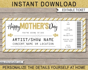 Mothers Day Concert Ticket Gift - Printable template - Surprise Concert, Show, Band - Gift Certificate - INSTANT DOWNLOAD with EDITABLE text