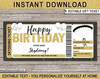 Skydiving Ticket Template Gift Certificate Voucher Card - Birthday Experience Sky Dive Printable DIY Coupon - EDITABLE Text DOWNLOAD
