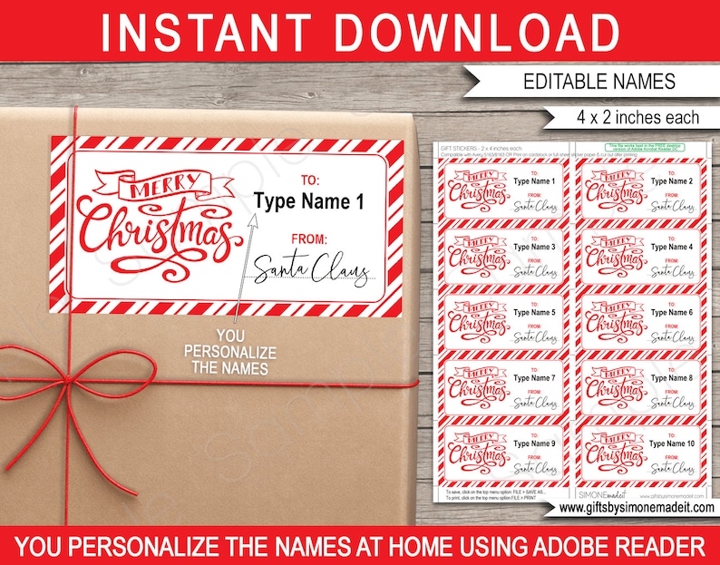 Santa Gift Tags Template Printable Christmas Labels Stickers Tags - from Santa Claus - INSTANT DOWNLOAD with EDITABLE Names