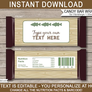 Puede incluir: Envoltorios de barra de caramelo imprimibles con un tema de pesca. La parte delantera presenta un fondo de veta de madera con tres siluetas de peces verdes y el texto "Type your own TEXT HERE". La parte posterior presenta un fondo de veta de madera con una etiqueta de información nutricional y un código de barras.