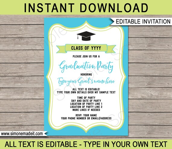 Graduation Party Invitations - turquoise / aqua & green - Printable Template - Any Year - Grad Invite - INSTANT DOWNLOAD with EDITABLE text Il_570xn