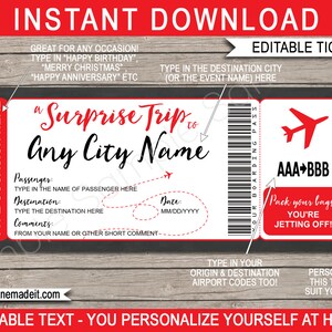 Verrassingsreis afdrukbaar ticket instapkaart bewerkbare sjabloon - elke gelegenheid, elke bestemming - nep vliegtuig vliegticket - INSTANT DOWNLOAD