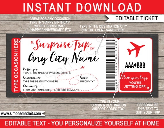 Surprise Trip Printable Ticket Boarding Pass Editable Template - Any Occasion, Any Destination - Fake Plane Flight Ticket - INSTANT DOWNLOAD Il_570xn