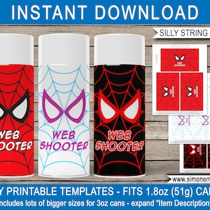 Spiderman Silly String Label Template Bundle - Superhero Birthday Party Game Activity Favor - Spidey Spider Web Cover - Web Shooter Labels