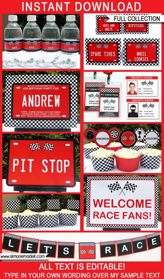Race Car Party Invitation & Decorations - full Printable Package - INSTANT DOWNLOAD with EDITABLE text - you personalize at home Il_570xn