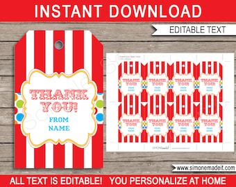 Carnival Favor Tags - Thank You Tags - Birthday Party Favors - INSTANT DOWNLOAD with EDITABLE text template - you personalize at home