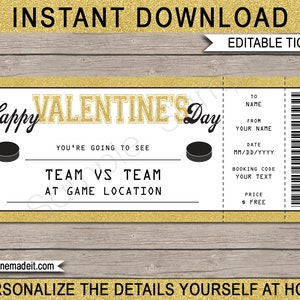 Hockey Ticket Valentines Day Printable Gift Voucher  - Surprise Hockey Game Ticket - INSTANT DOWNLOAD with EDITABLE text - you edit at home