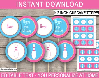 Printable Bowling Birthday Cupcake Toppers: Pink Party Decorations (EDITABLE Text) (Digital Download)