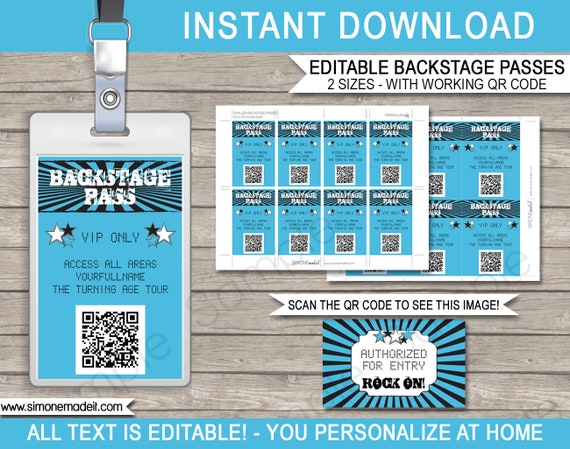 Rockstar Party Backstage Pass Printable Concert Template Qr Code Vip Pass Instant Download With Editable Text You Personalize By Simonemadeit Catch My Party