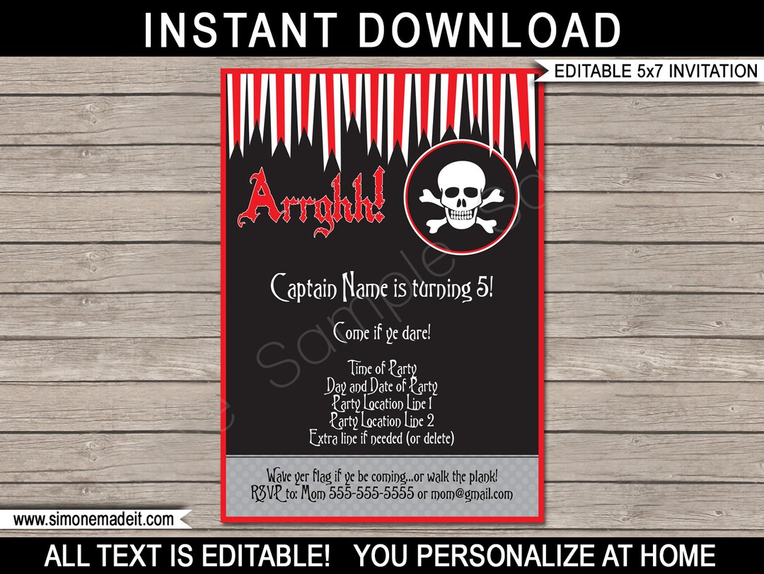 Pirate Invitation Template - Printable Pirate Theme Birthday Party