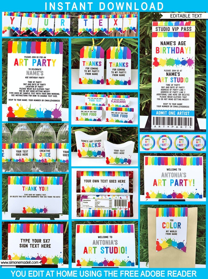 May include: A collection of colorful art party printables with editable text. Includes banners, invitations, thank you cards, food labels, snack boxes, and a VIP pass. Designs feature paint splatters and a rainbow color scheme.