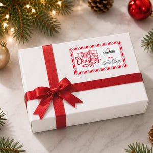 May include: A white rectangular gift box wrapped with a red satin ribbon tied in a bow. A rectangular gift tag is attached, featuring red and white candy cane striped borders, the text Merry Christmas, and the printed names To: Charlotte and From: Santa Claus.