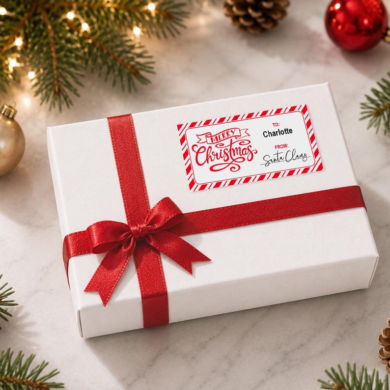 May include: A white rectangular gift box wrapped with a red satin ribbon tied in a bow. A rectangular gift tag is attached, featuring red and white candy cane striped borders, the text Merry Christmas, and the printed names To: Charlotte and From: Santa Claus.