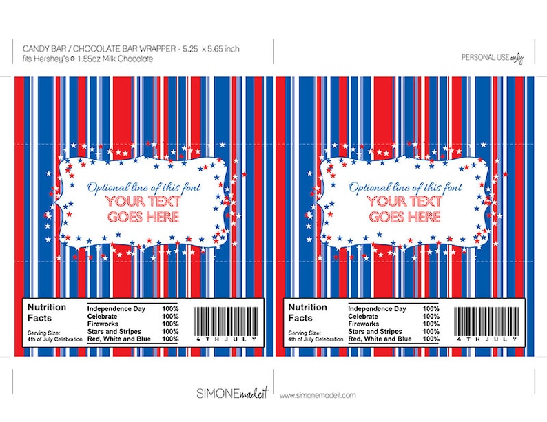 4th of July Candy Bar Wrappers Template Printable July Fourth Theme Chocolate Labels INSTANT DOWNLOAD EDITABLE text image 2