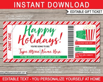 Movie Ticket Template Holiday Family Movie Night Theatre Cinema Premier Printable Voucher - INSTANT DOWNLOAD with EDITABLE text