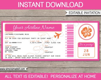 Printable Luau Birthday Party Boarding Pass Invitation Template - Airplane Ticket Invite - INSTANT DOWNLOAD - EDITABLE text you personalize