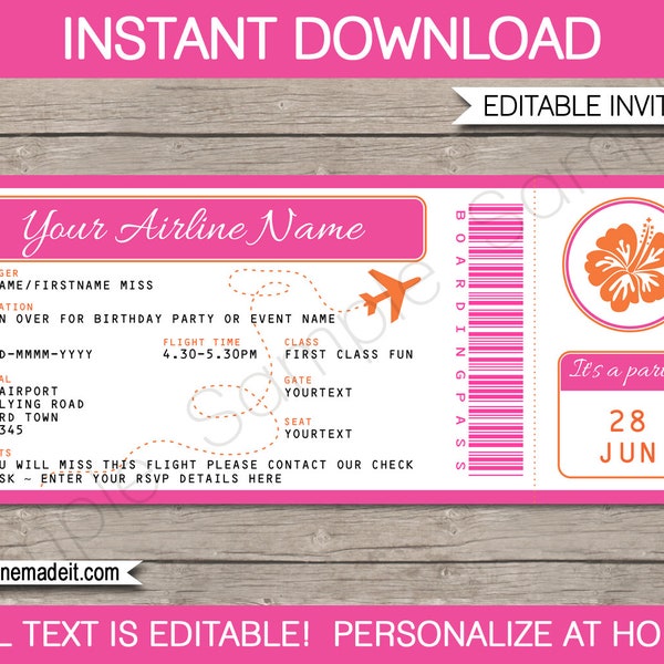 Printable Luau Birthday Boarding Pass Invitation Template (INSTANT DOWNLOAD)
