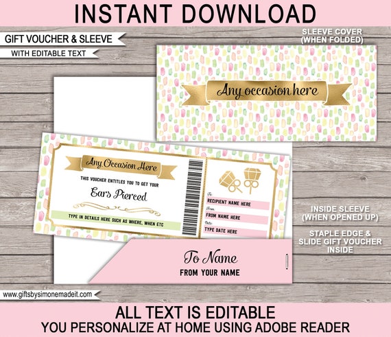 Ears Pierced Voucher Template - Printable Gift Coupon for Any Occasion -  DIY EDITABLE TEXT by SIMONEmadeit | Catch My Party