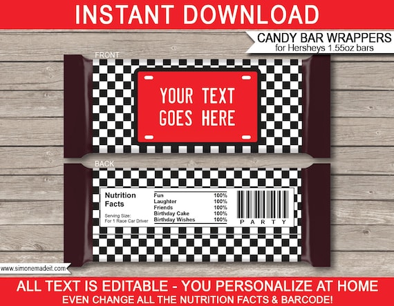 Party Printable Favor Labels Self Editable Mini Hershey Bar Candy Wrapper Race Car Party INSTANT DOWNLOAD Digital Pdf File