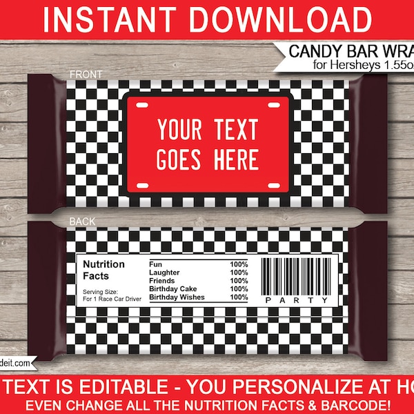 Race Car Candy Bar Wrappers Template - Printable Birthday Party Favors - Chocolate Labels - INSTANT DOWNLOAD - EDITABLE text