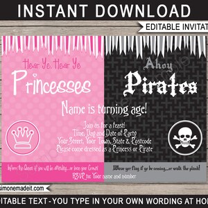 K&ouml;nnte beinhalten: Editierbare, druckbare Einladung f&uuml;r eine Prinzessinnen- oder Piraten-Geburtstagsparty. Die Einladung hat einen rosa Hintergrund mit einer Krone und dem Text "Hear Ye, Hear Ye Princesses" sowie einen schwarzen Hintergrund mit einem Totenkopf und Knochen und dem Text "Ahoy Pirates". Der Text "Name is turning age!" ist auf beiden Seiten der Einladung enthalten.
