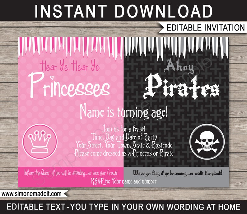 K&ouml;nnte beinhalten: Editierbare, druckbare Einladung f&uuml;r eine Prinzessinnen- oder Piraten-Geburtstagsparty. Die Einladung hat einen rosa Hintergrund mit einer Krone und dem Text "Hear Ye, Hear Ye Princesses" sowie einen schwarzen Hintergrund mit einem Totenkopf und Knochen und dem Text "Ahoy Pirates". Der Text "Name is turning age!" ist auf beiden Seiten der Einladung enthalten.