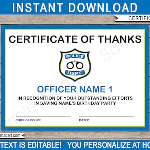 Polizei Dankeschön Vorlage - Druckbare Geburtstag Gastgeschenke - Law Enforcement Award - SOFORTIGER DOWNLOAD - EDITIERBARER Text