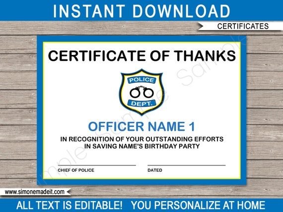 Police Certificate of Thanks Printable Template Birthday Party | Etsy
