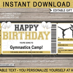Verjaardag gymnastiekkamp cadeaubon ticket sjabloon afdrukbaar - verrassingstrainingskamp of vaardigheidskliniek coupon - BEWERKBARE TEKST DOWNLOAD