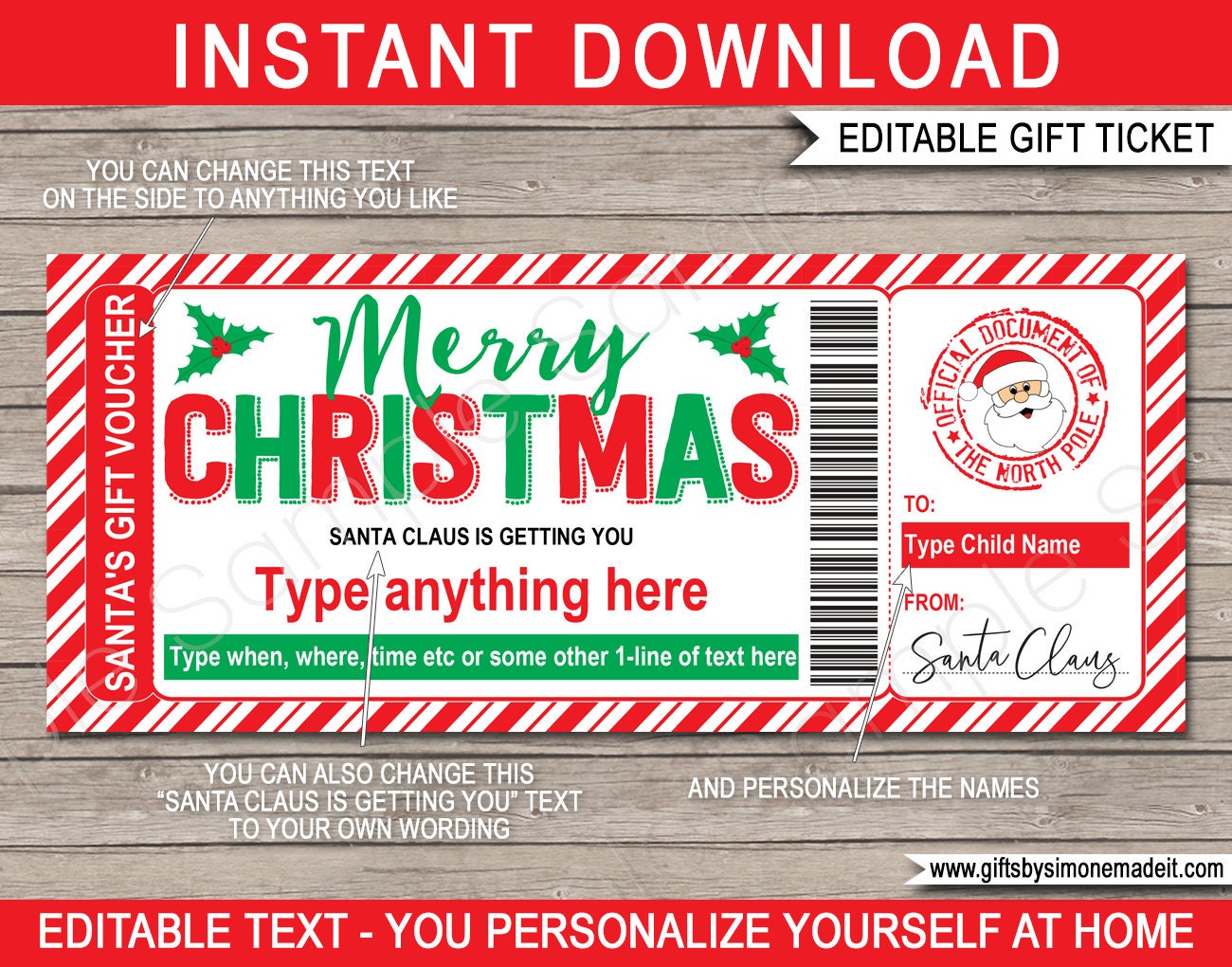 Christmas Santa Gift Voucher Template For Kids Printable Etsy