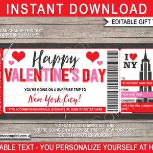Biglietto per il viaggio a New York, modello di voucher stampabile per il regalo di San Valentino - Rivelazione a sorpresa per le vacanze, per le vacanze, per i viaggi di fuga - testo MODIFICABILE